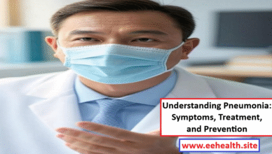 An informative illustration featuring a human lung graphic, medical icons representing symptoms like cough and fever, treatment options like medication, and prevention methods like vaccination, set against a clean blue and white background.