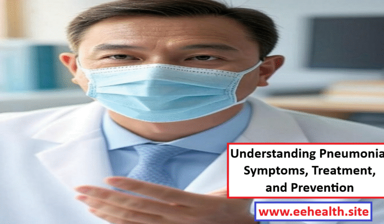 An informative illustration featuring a human lung graphic, medical icons representing symptoms like cough and fever, treatment options like medication, and prevention methods like vaccination, set against a clean blue and white background.